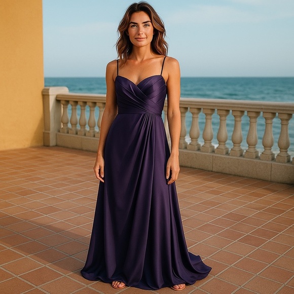 NWT One Of A Kind Purple Size 12 Ruched Crepe Lined Sweetheart Neck Maxi Gown - Picture 1 of 6